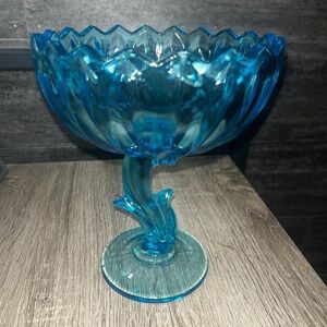 Vintage Aqua Blue Glass Dolphin Stem Lotus Candy Dish Pedestal UV Reactive 7.5”
